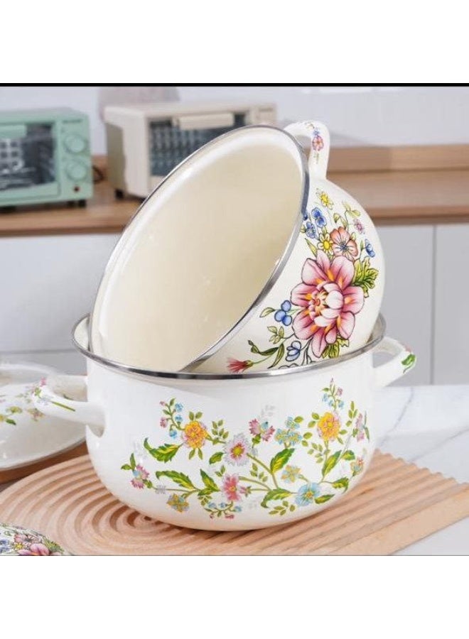 Floral Enamel Cooking Pot Set – 3 Pieces with Lid – Heat Resistant Kitchen Cookware - Image 4